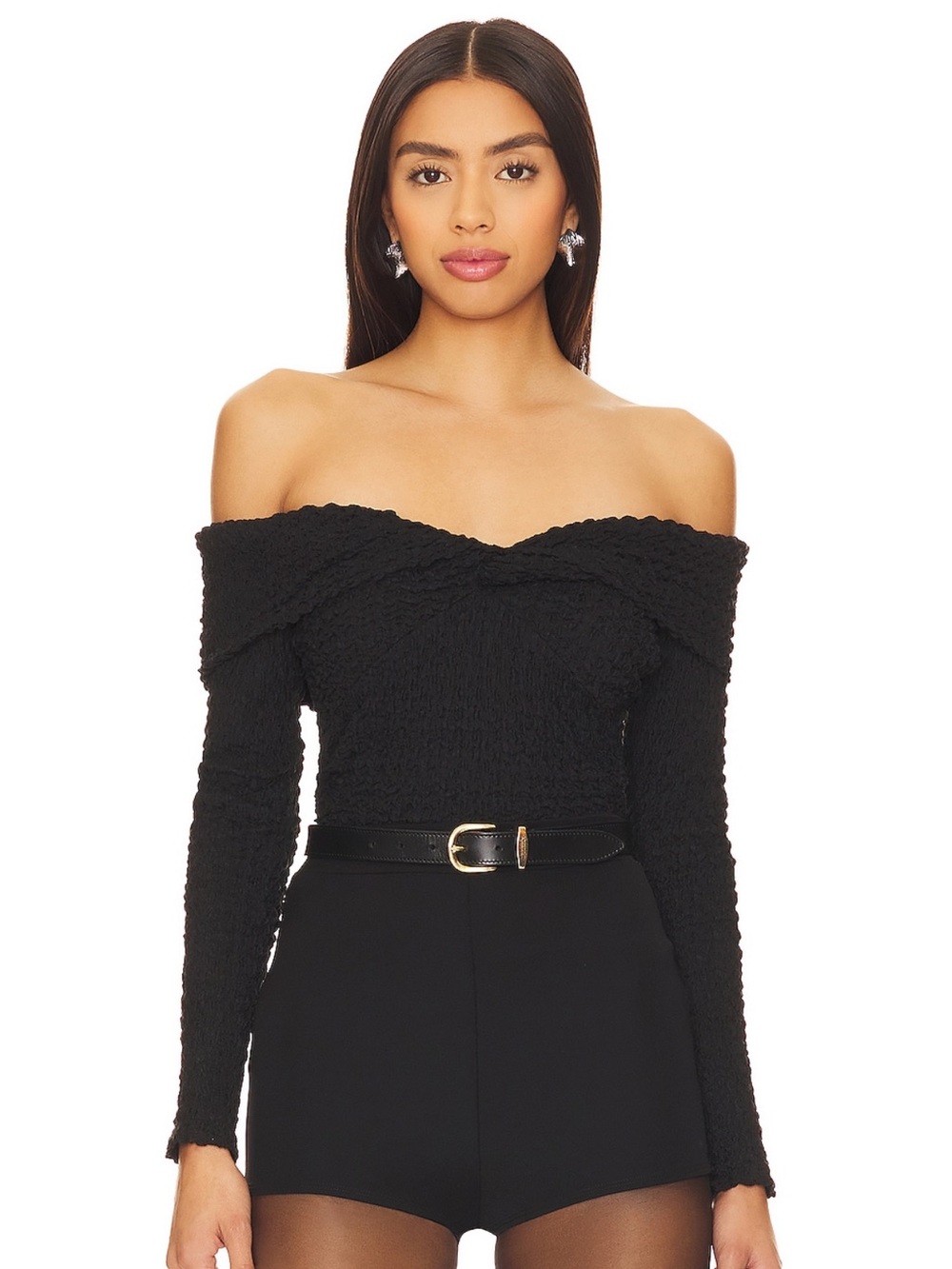 Astr the Label Kendy Black Off-the-Shoulder Smocked Long Sleeve Top
